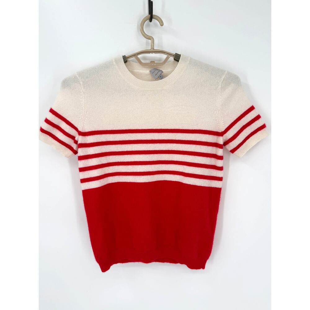 Nouveaux 100% Cashmere T-Shirt Sweater Short Sleeve Red Stripe Size Medium